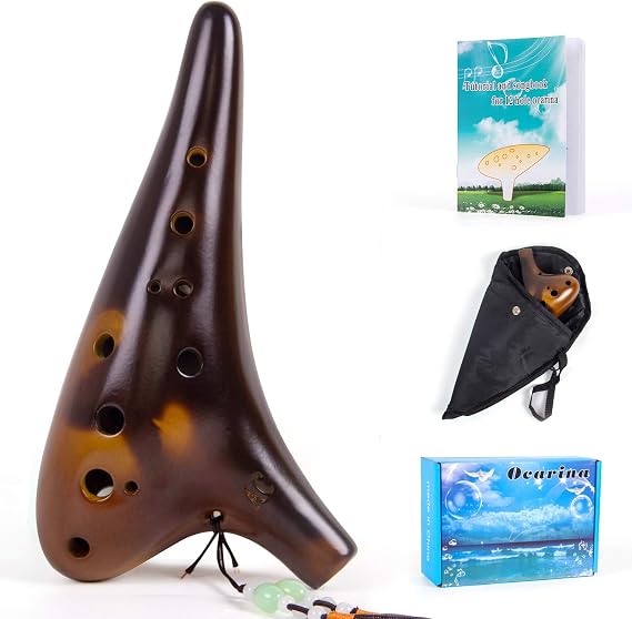 Ocarina, Horse 12 Holes Alto C Ceramic with Carry Bag Music Book Strap (Brown)