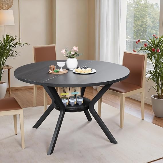 47 inch Round Dining Table for 4-6, Dining Table with Storage Shelf, Wood Grain Top, Black Metal Legs, Space Saving Dinner Tables, Circle Kitchen Tables