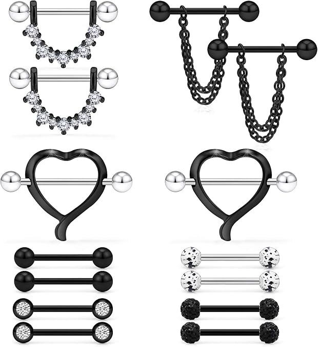 Ruifan 14G 9/16Inch Crystal Ball Nipple Tongue Shield Ring Barbell Body Piercing Jewelry Retainer 8-14PCS