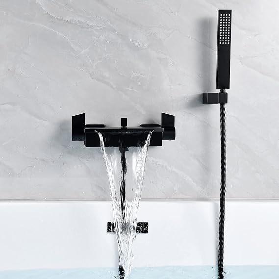 Waterfall Wall Mounted Bath Mixer Tap Wall Mounted Bath Tap Bathtub Filler Mixer Tap Handheld Shower Bath Mixer Tap with Shower Attachment (Black)
