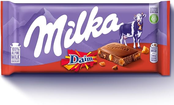 Milka Daim Chocolate Bar, Creamy Milk Chocolate with Crunchy Caramel, 100 g
