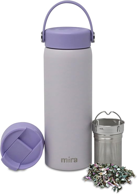 MIRA 18 oz Tea Infuser Thermo - Stainless Steel Travel Bottle with Removable Strainer for Loose Leaf Tea - Insulated Hot & Cold Brew Steeper - Heather