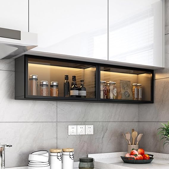 Wall Mounted Glass Wall Cabinet, 3C Tempered Glass Door Floating Sideboard with Gas Struts, Storage Organizer for Kitchen Spices & Bathroom, Solid Eco-Board(Black,100*25*30cm/39.4*9.8*11.8in)