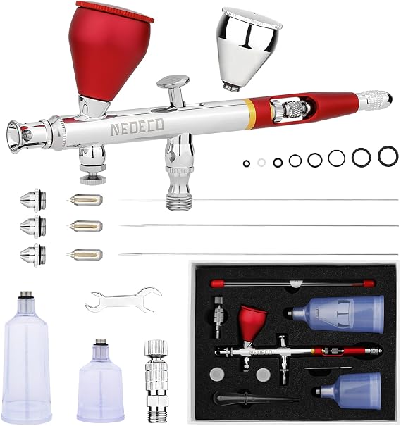 NEOECO SJ83 Airbrush, Self-Centring Plug-in Nozzle,0.2, 0.3 & 0.5mm Nozzle Sets and 1/3 oz Cup, Dual-Action Gravity Feed Airbrush with 1/3 oz,2/3 oz,4/3 oz Replacement Cups (RED)