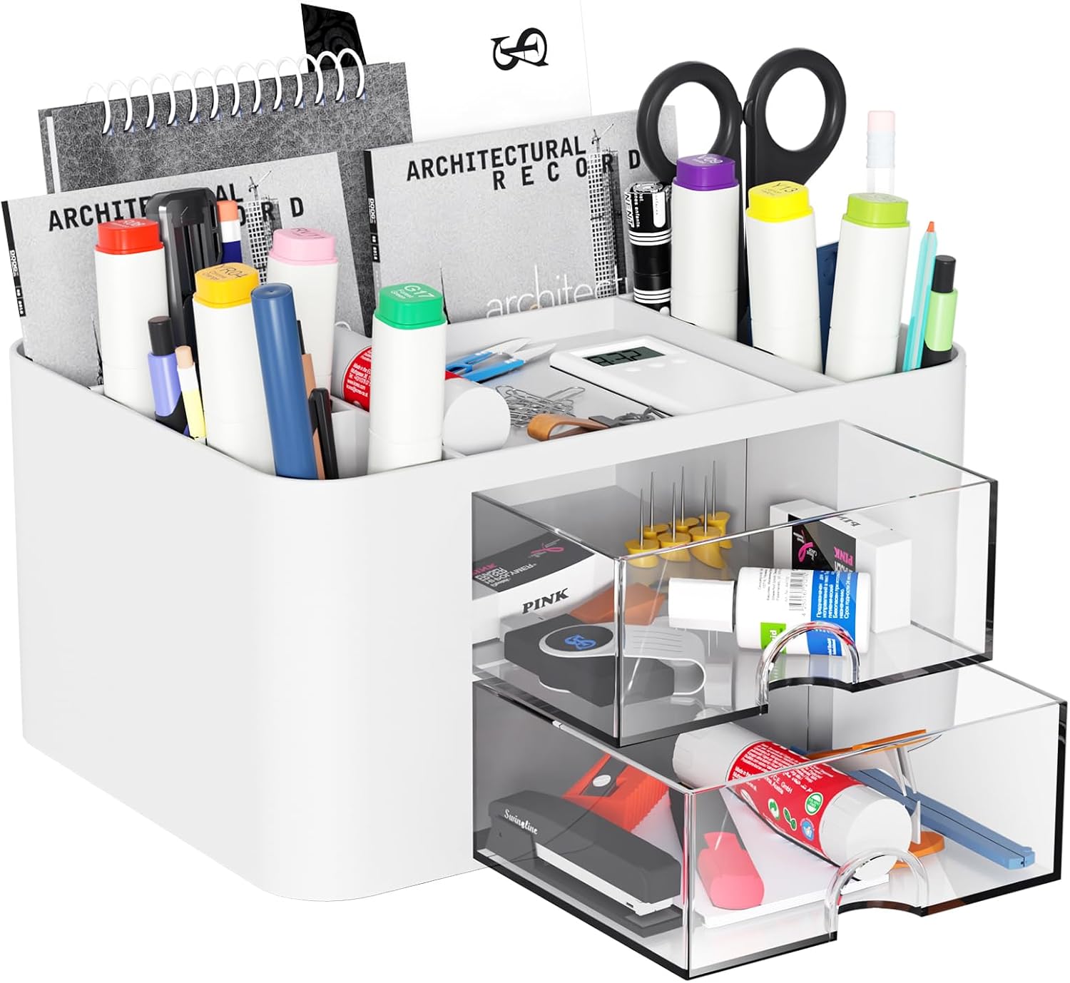 Senders Desk Organiser with 2 Drawers Tidy Storage Box with Pen Holder Desktop Stationary Organiser for School Office Home Makeup Desk Supplies Practical and Stylish Storage Solution (Blue)