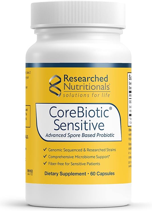 Researched Nutritionals CoreBiotic Sensitive - Vegan Probiotics for Low FODMAP Diet - Spore Based Probiotic Supplement to Support Microbiome & Gut Health - Researched Strains 60 Capsules