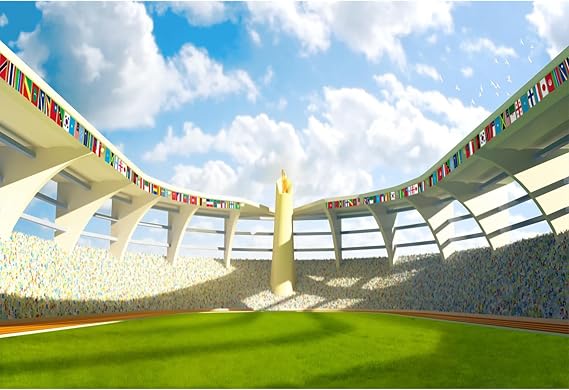 5x3ft Sport Stadium Backdrop Vinyl Photography Background Grass Field Green Grass Sunshine Blue Sky White Clouds Sports Match Children Kids Adults Portrait Photo Studio