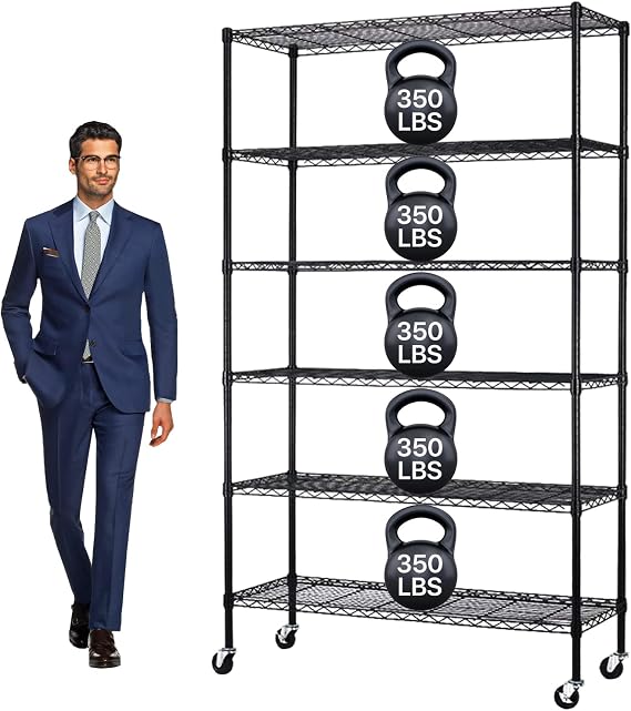 Dkeli Metal Shelves Garage Shelving Wire Shelving Unit with Wheels, 6000lbs Weight Capacity Heavy Duty NSF Height Adjustable Storage Shelves 6 Tier Steel Commercial Grade Wire Rack (Black, 82x45x18)