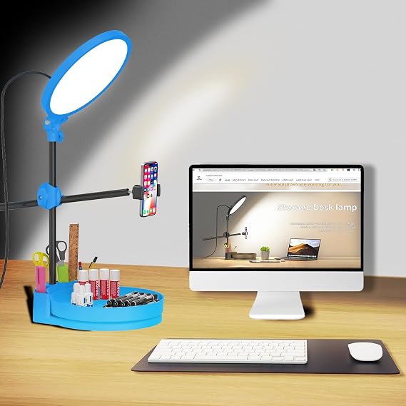 Selfie Light Kit for Desk and Laptop,55W Dimmable Full Screen Ring Light,with Rotating Storage Box,Pen Holder Stand,Phone Holder and Controller (Maya Blue, 10.5)