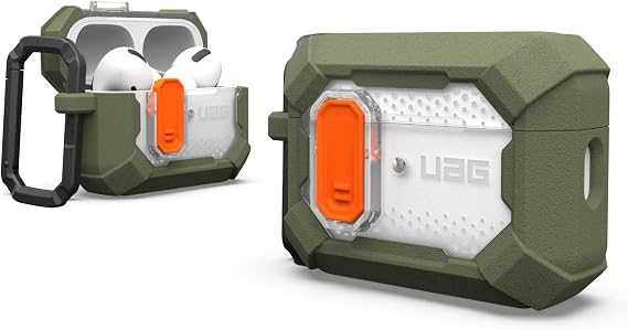 URBAN ARMOR GEAR UAG Designed for AirPods Pro 2nd Gen Case with Lock Plasma, Rugged Hard Shell Military Grade Protective Cover with Secure Lock & Detachable Carabiner Clip, Olive Drab