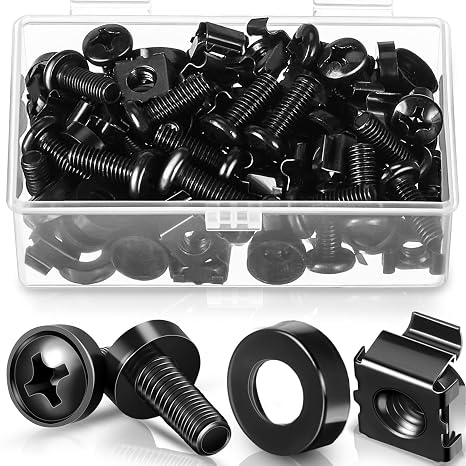 100 Pack M6 x 16 mm Rack Mount Cage Nuts, Screws and Washers Stainless Steel Black Server Rack Screws Square Insert Nuts for Audio Server Console Mounting Routers, Shelves, Enclosures, Cabinets