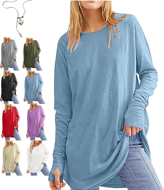 Women's Solid Round Neck Loose Long Sleeve Medium Length Comfy Tunic