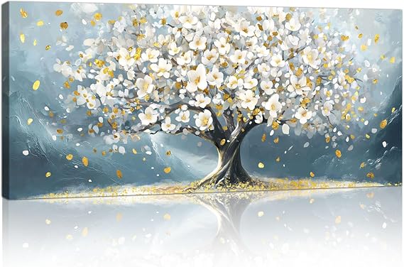 Large Canvas Wall Art for Living Room, Beige Blooming Flowers Trees Framed Wall Painting Nature White Gold Floral Blue Pictures on Print Canvas Wall Decor for Bedroom Office Ready To Hang 120x50cm