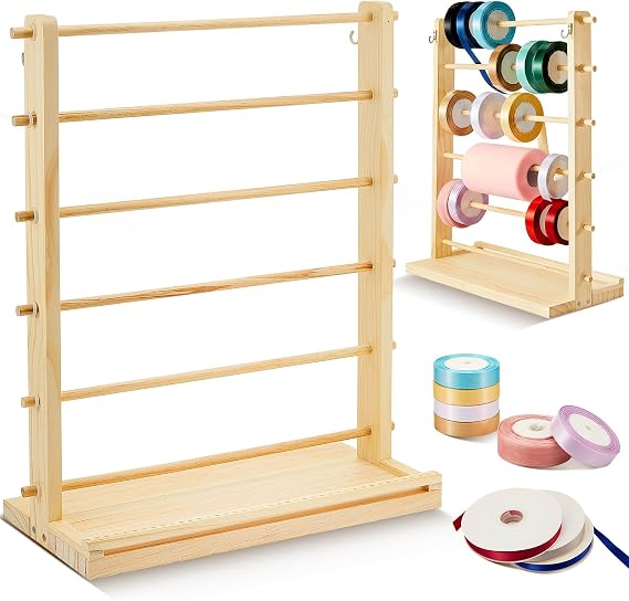 Menkxi 6 Tier Wooden Ribbon Organizer Ribbon Holder for Craft Room Gift | Florist Spool Rack, Wreath Making Supplies Gift Wrapping for Sewing Stabilizer Rolls, Halloween, Thanksgiving Gift