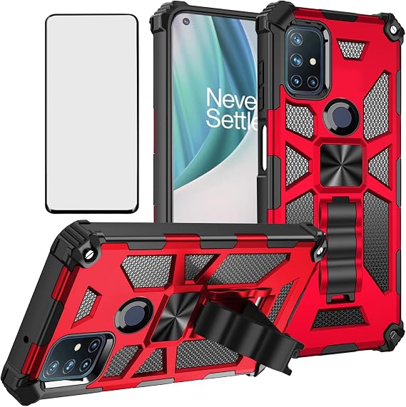 Asuwish Compatible with OnePlus Nord N10 5G Case and Tempered Glass Screen Protector Accessories Full Body Protective Stand Kickstand Phone Covers for One Plus N 10 1 Plus 10N 1plus One+ 1+ N105G Red
