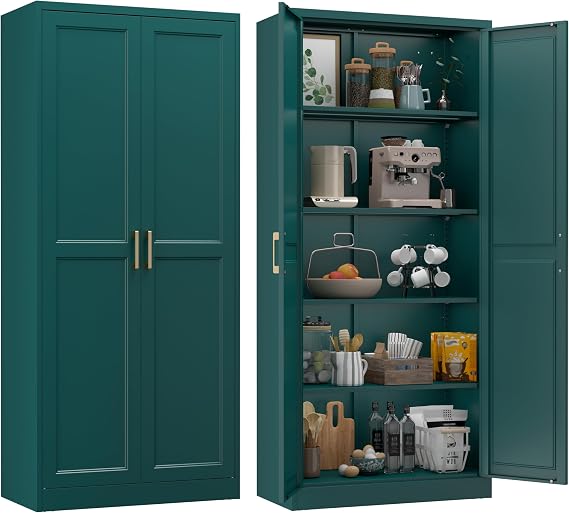 71" Green Metal Storage Cabinet with Doors, Heavy Duty