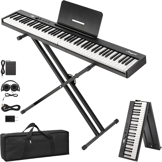 GarveeLife Folding Piano Keyboard,Full Size 88 Key Semi Weighted Keyboards Electric Piano,Portable Keyboard Digital Piano with Stand,Sustain Pedal,Headphones,Handbag,Bluetooth,USB MIDI for Beginner
