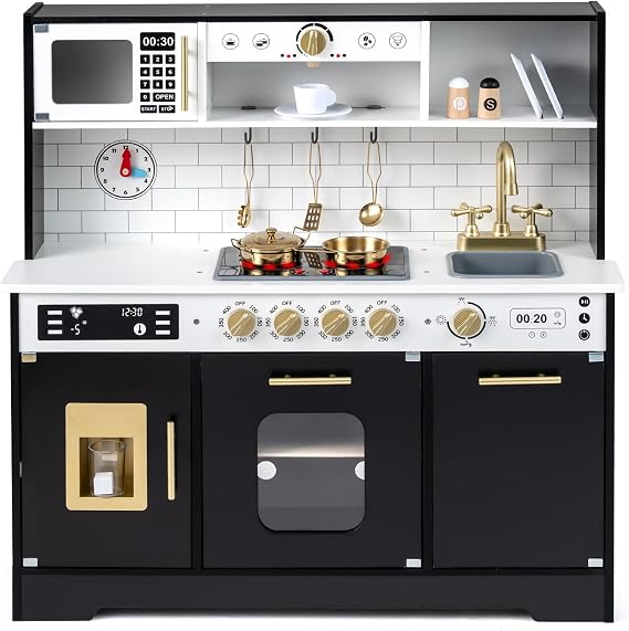 COSTWAY Kids Play Kitchen, Wooden Pretend Toy Kitchen with Realistic Lights & Sounds, Stoves, Sink, Faucet, Oven, Ice Machine, Microwave, Coffee Maker, Dish Washer, Children Chef Role Playset (Black)