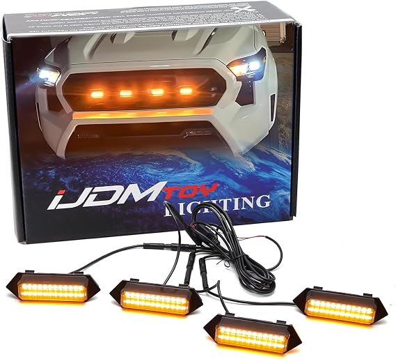 iJDMTOY 4pc Black-Out Smoked Lens Amber Yellow Full LED Front Grille Mesh Mount Marker Clearance Light Kit Compatible with 2024-up Toyota Tacoma TRD Sport, PRO, Off-Road or Pre-Runner