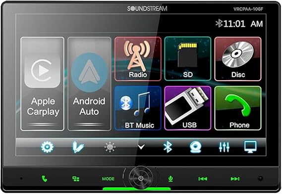 Soundstream 10.6" Double Din Floating Touchscreen Car Stereo, VRCPAA-106F Apple CarPlay & Android Auto Head Unit, Bluetooth, AM/FM Radio Receiver, USB, SD, CD/DVD Player