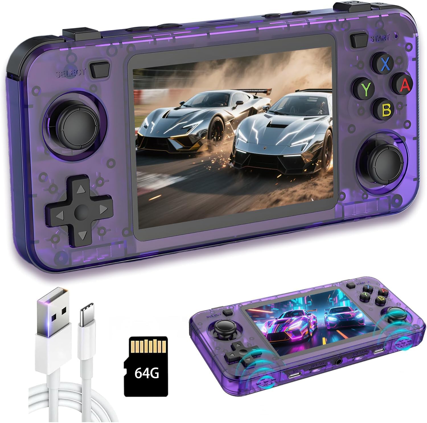 New R36H Retro Handheld Game Console, 3.5" IPS Screen Portable Video Game Console ,Built in 64G Card & 15000 Games,Open Source Linux System Purple,64g