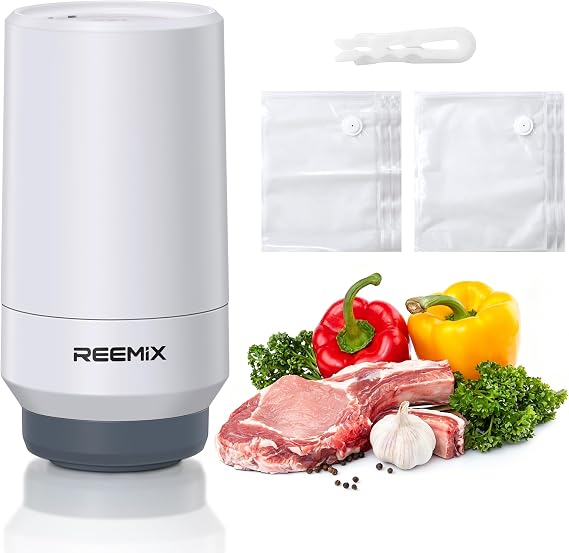 Reemix Handheld Vacuum Sealer with 10 Reusable Bags (10"x13.8" & 11.8"x13.5"), Wireless Rechargeable Food Vacuum Sealer for Sous Vide, Meal Prep, BPA-Free, Portable & Space-Saving