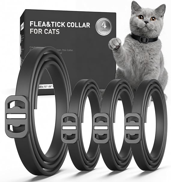 4 Pack Flea and Tick Collar for Cats, Cat Flea Collars with Natural Essential Oils, Adjustable for All Cats & Kittens, Black