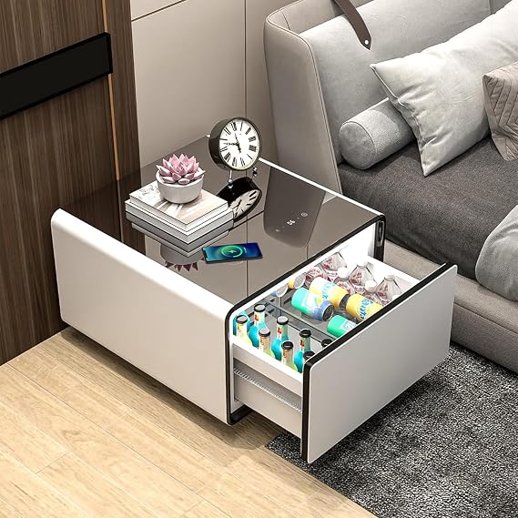 Smart Side Table with Fridge, LT65 Pro Smart Nightstand, White | With Refrigerator Drawer, Induction Light, Temperature Control, Wireless Charging, Power Socket, Outlet Protection, USB Ports