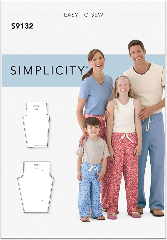 Simplicity S9132 Unisex Pull-On Pajama Pants Sewing Pattern, Easy Sleepwear for Children, Teens & Adults, Sizes XS-XL