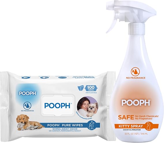 POOPH Kitty Litter Box Deodorizer and Pet Wipes Bundle, 100ct Wipes and 32oz Spray - Eliminates Odors at the Molecular Level