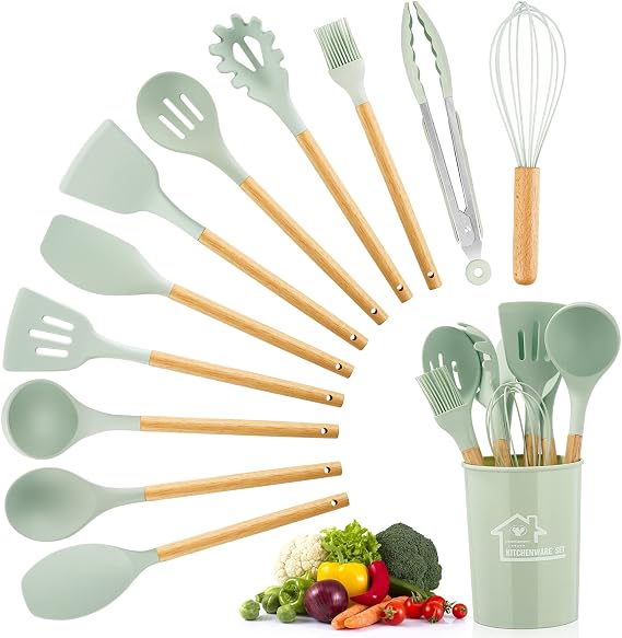 Kitchen Utensils Set, 12 Pcs Silicone Cooking Utensils with Holder, Non-Stick Cooking Tools with Wooden Handle, Silicone Kitchen Gadgets Cooking Spatula Turner Heat Resistant Tools