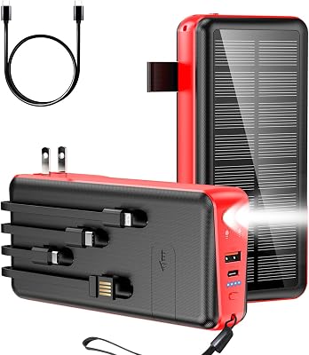 Portable Charger with Built in Cable and Wall Plug 50000mAh 22.5W Fast Charging Solar Power Bank with 5 Output & 2 Input Dual LED Flashlights Phone Holder External Battery Pack Red