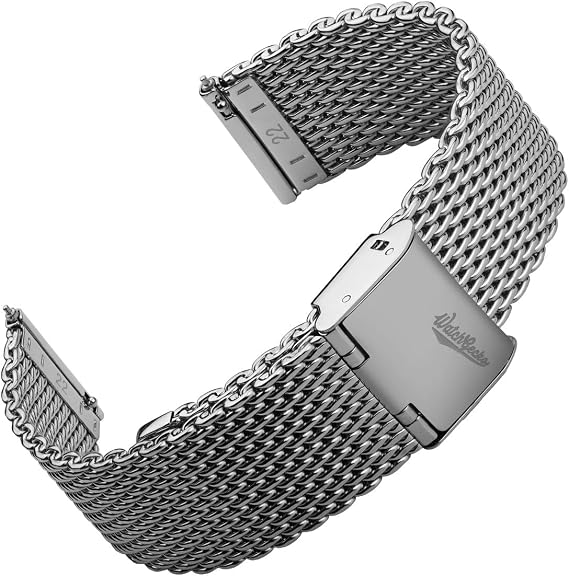 WatchGecko Classic Mesh Watch Strap Polished or Satin Brushed Finish 18-22mm. Men's Replacement Stainless Steel Band. Quick Release Spring Bars for Easy Changes