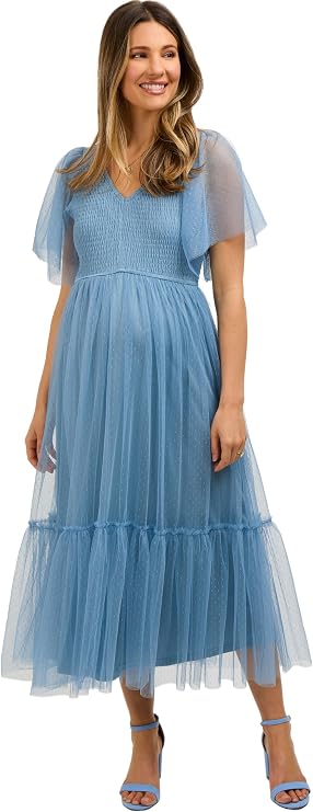 PinkBlush Dotted Tulle Smocked Maternity Midi Dress