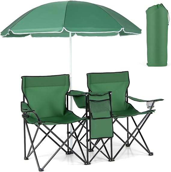 Giantex Double Camping Chair with Umbrella - Folding Picnic Loveseat with Carrying Bag, Cooler Bag, Table, Side Pocket & Cupholder, Portable Beach Chair for Camping, Picnic, Fishing, Beach