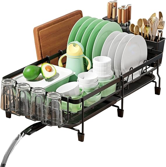 Dish Drying Rack,Expandable Dish Rack with Drainboard for Kitchen Counter,Carbon Steel Dish Drainer Utensil Holder,Rust Proof,Space Saving