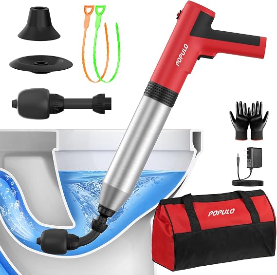 POPULO Electric Toilet Plunger, 5 Bar Air Clog Remover with Built-In Pump