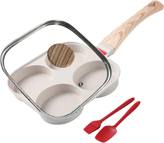 Egg Pan 4 Cup Nonstick Frying Omelette Pan with Lid for Breakfast Skillet for Eggs Pancake with 1 Spatula 1 Brush White