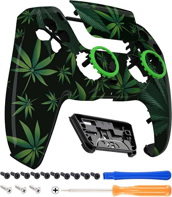 eXtremeRate LUNA Redesigned Green Weeds Front Shell Touchpad Compatible with ps5 Controller BDM-010 020 BDM-030 040 050, DIY Replacement Faceplate Custom Touch Pad Cover Compatible with ps5 Controller