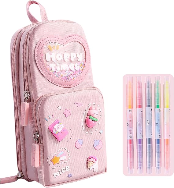 Mini Backpack Pencil Case Art Marker Storage Canvas Makeup Pocket Small Gadget Bag Organizer Random Free of Highlighters (Cherry Pink)