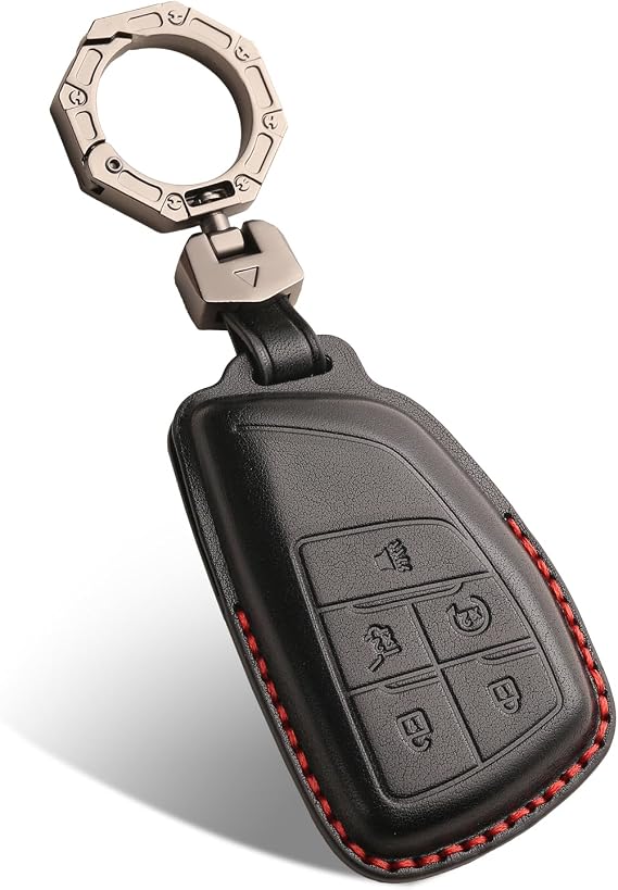 QBUC for Chevy Genuine Leather Key Fob Cover, Smart Key Holder Sleeve Fit for Chevy 2025 2024-2021 Tahoe Suburban GMC Yukon GM Buick, Silverado Sierra 2500HD 3500HD (Black, 5 Buttons)