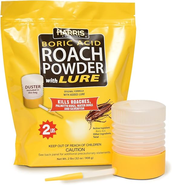 Harris Boric Acid Roach and Silverfish Killer Powder w/Lure, Powder Duster Included in The Bag (32oz)