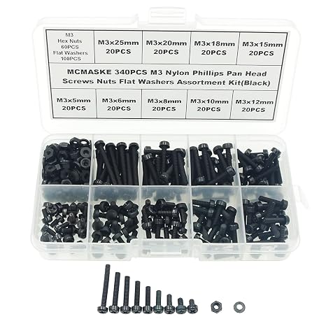Metric M3 Phillips Pan Head Nylon Screws Nut Washer Assortment Kit,Screws Length:5mm to 25mm(Black)