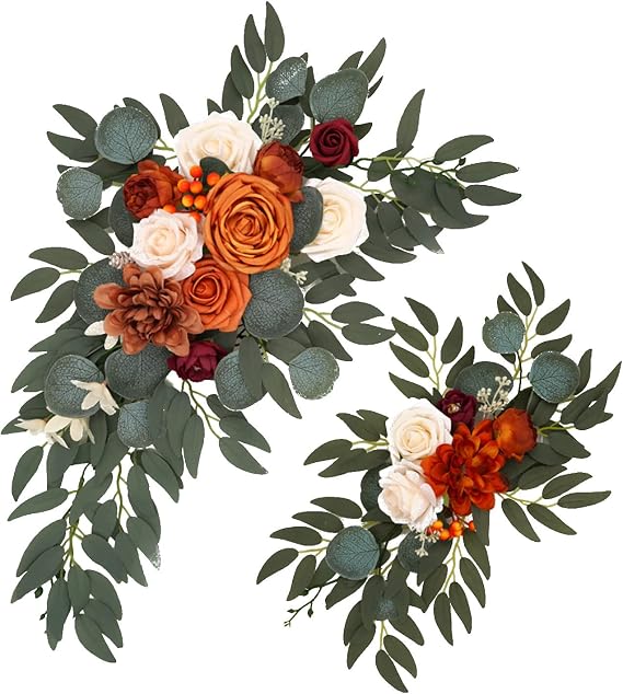 belupai Set of 2 Wedding Arch Flowers, Artificial Rose Peony Flower Floral Swags Rustic Fake Eucalyptus Leaves Decorative Swags for Wedding Ceremony Sign Reception Backdrop Table Decor(Orange)