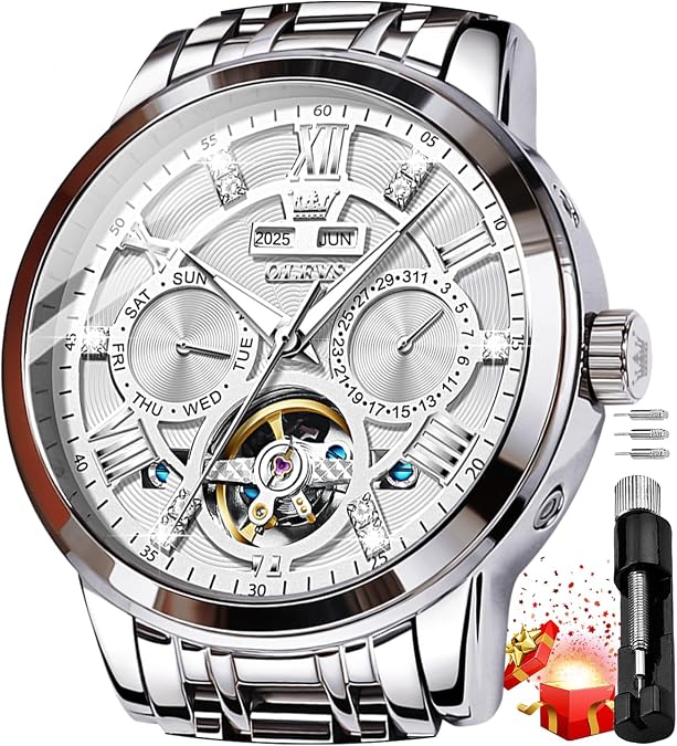 OLEVS Mens Automatic Mechanical Watch Skeleton Tourbillon Luxury Dress Stainless Steel Wrist Watch
