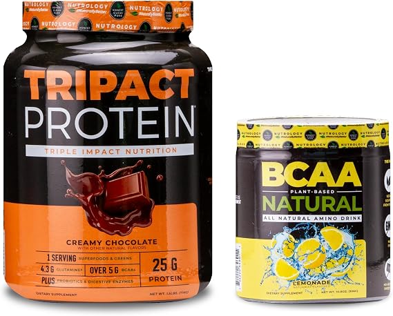 Nutrology TRIPACT Protein Powder, 7-in-1 Meal Replacement Shake, Creamy Chocolate Flavor (20 Servings) BCAA Natural, Plant Based BCAA Powder, Lemonade Flavor (30 Servings)