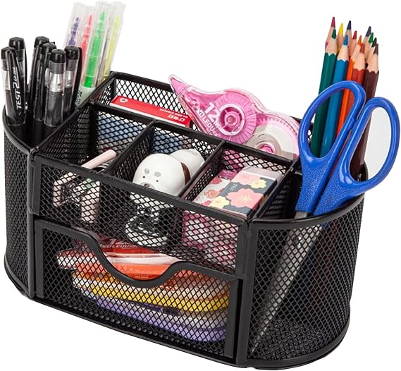 Lechay Mesh Pen Holder, Desk Organizer for Desk Pencil Holder with 8 Compartments and 1 Drawer Desk Supplies for Office Home 1 PC