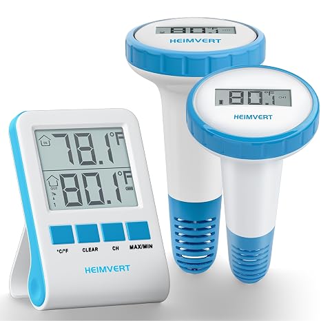 Wireless Digital Pool Thermometer Floating, Easy-to-Read Display, IPX8 Waterproof Indoor/Outdoor Sensor for Hot Tubs, Swimming Pools, Ponds & Aquariums (Azure, 2 Pack)