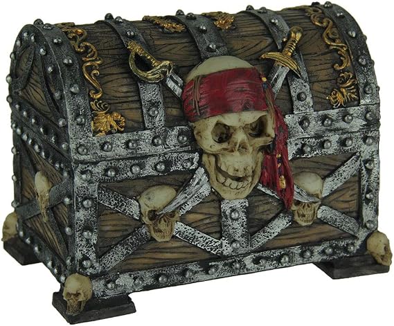 Everspring Skull and Swords Pirate Treasure Chest Trinket Box | 7.25 X 4.75 X 5.5 in, Hand-Painted Resin, Metallic Dark Wood Finish, Gold Scrolls, Velvet-Effect Lining