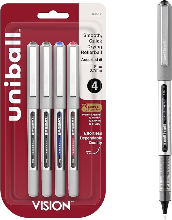 uniballTM Vision Rollerball Pens, Fine Point (0.7mm), Assorted Colors, 4 Pack